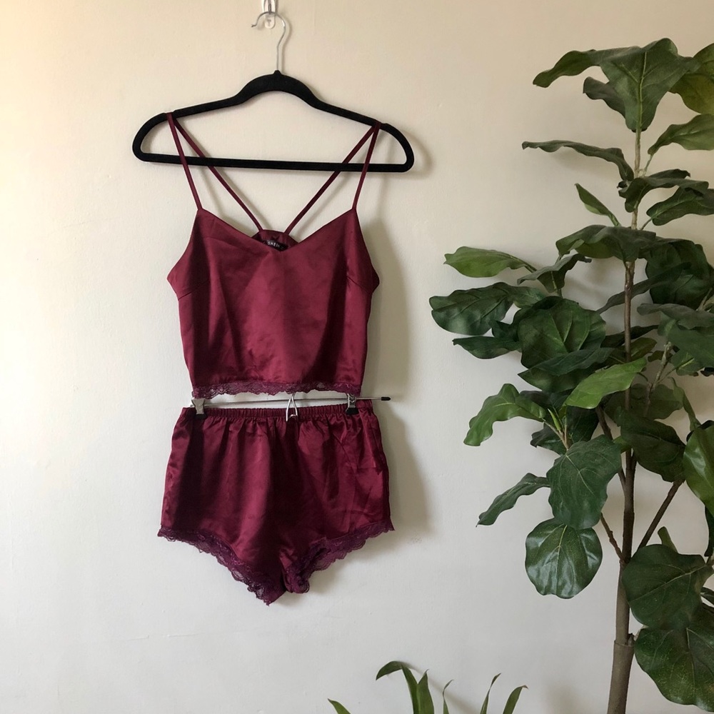SHEIN Burgundy Satin Lace Trim Cami and Shorts Pajama Set